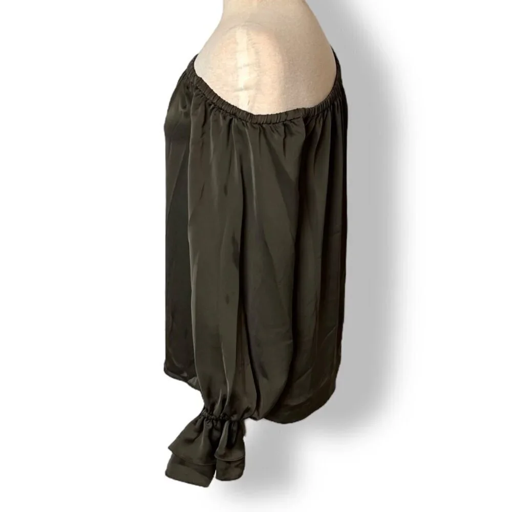 Ramy Brook Off One Shoulder Murphy Top Blouse Satin Ruffle Cuff Olive Sz XS